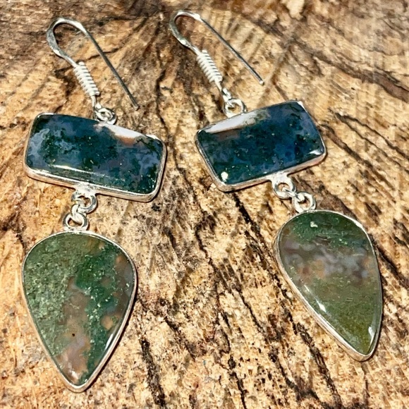 Mocha Stone Green Moss Agate Earrings 2” - Picture 2 of 5